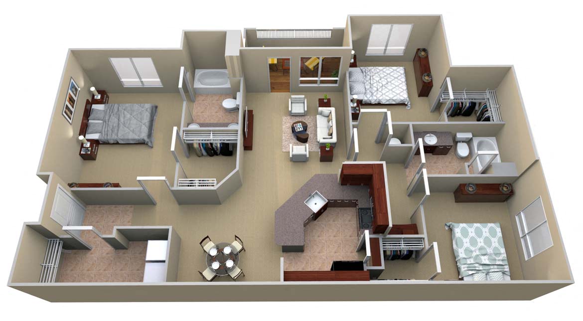 Floor plan for 3 beds, 2 baths, 1590 sqft